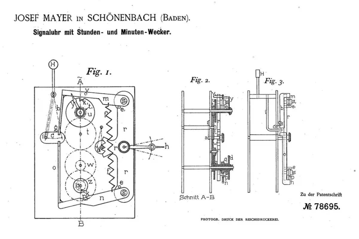 Mechanismus einer Signal-Uhr von Josef Mayer, technische Illustration