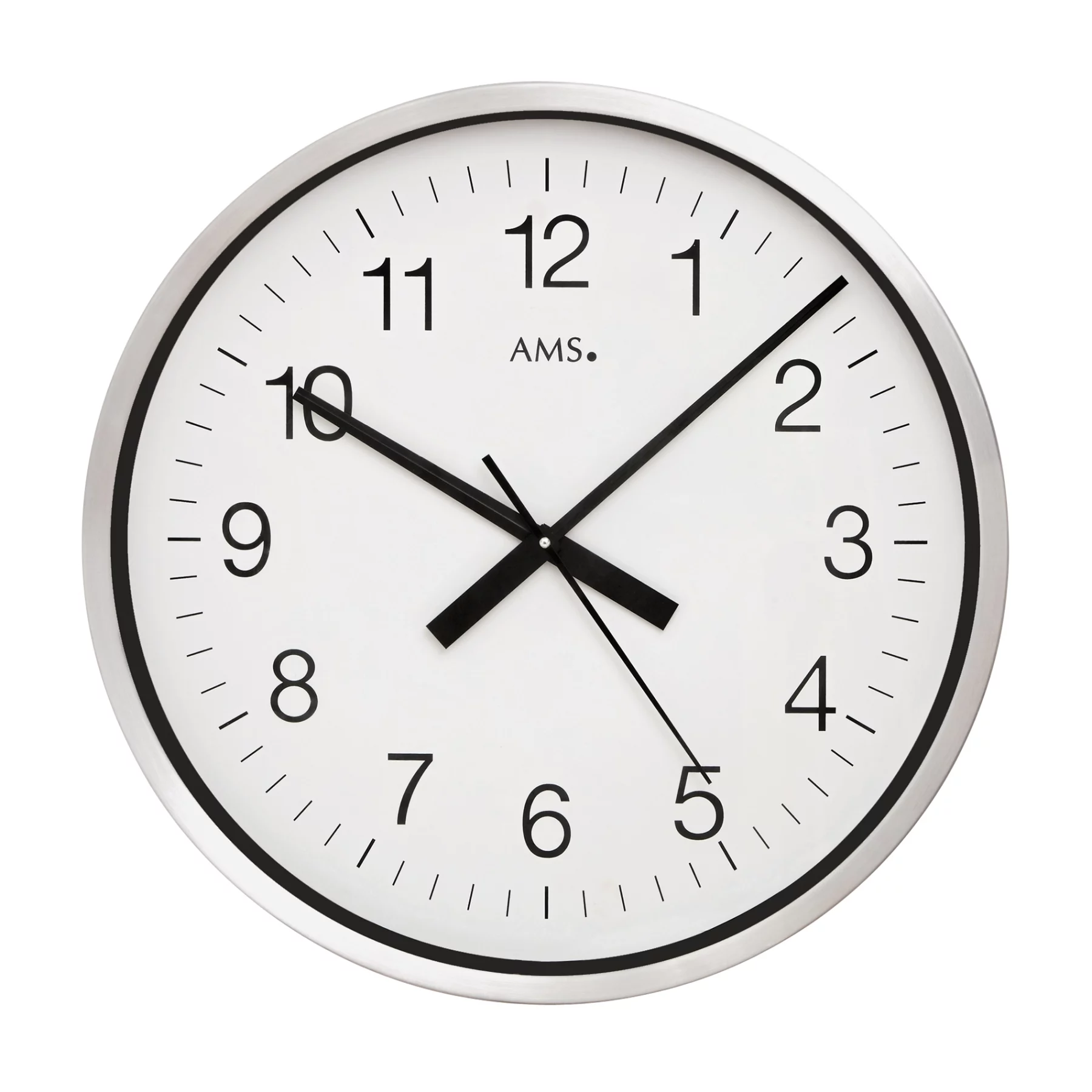 Runde Wanduhr mit schwarzen Zeigern und weißem Zifferblatt