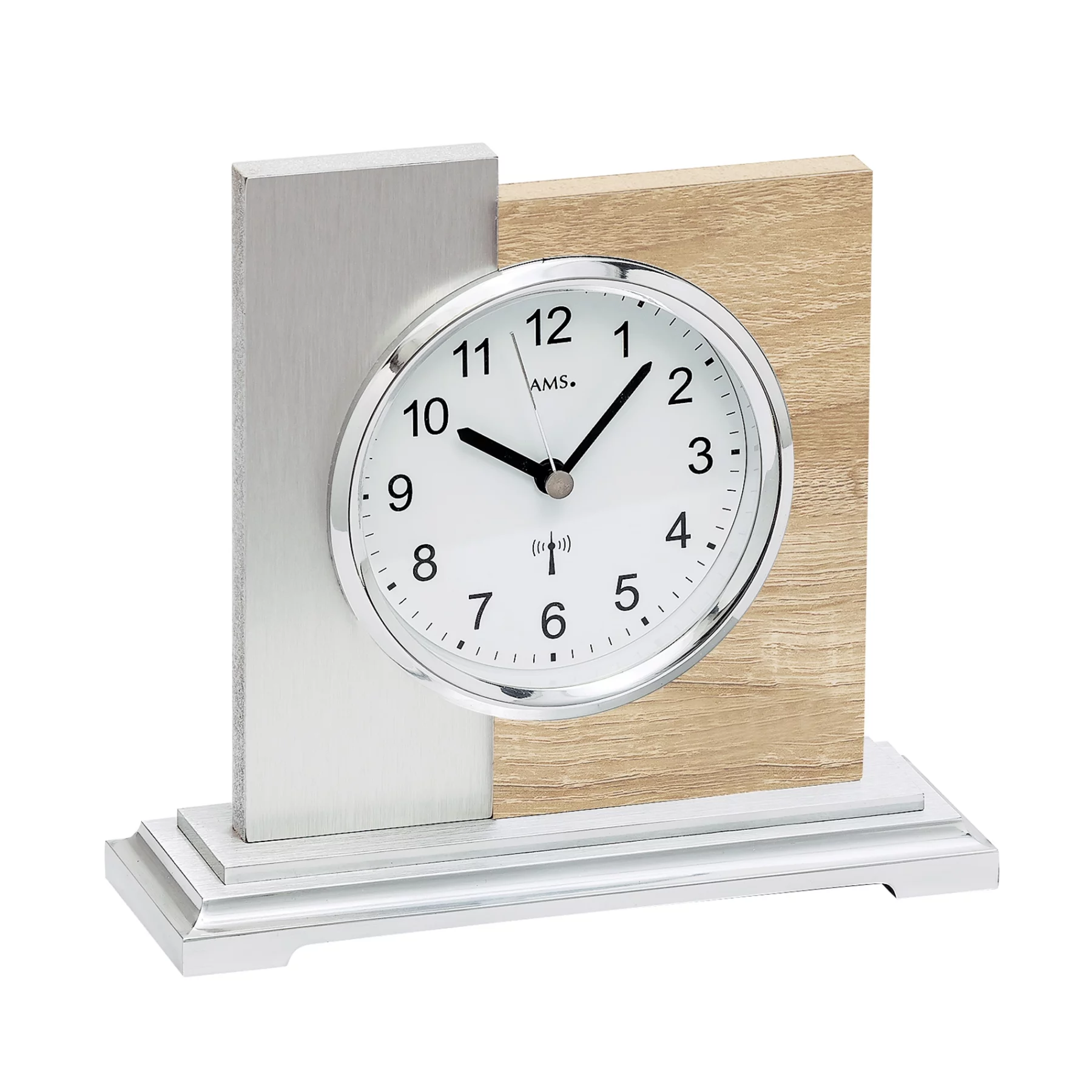 Moderne Tischuhr aus Holz und Metall mit römischen Ziffern