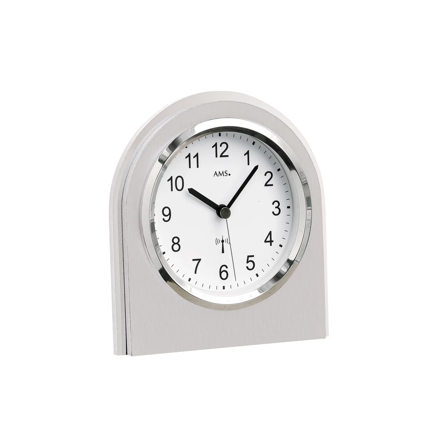 Moderne silberne Tischuhr mit weißem Zifferblatt
