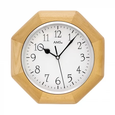 Sechseckige Wanduhr mit Holzrahmen und weißen Ziffernblatt