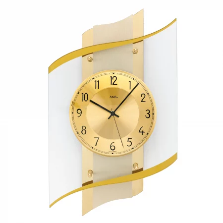 Moderne Wanduhr mit goldenem Zifferblatt und gebogenem Design