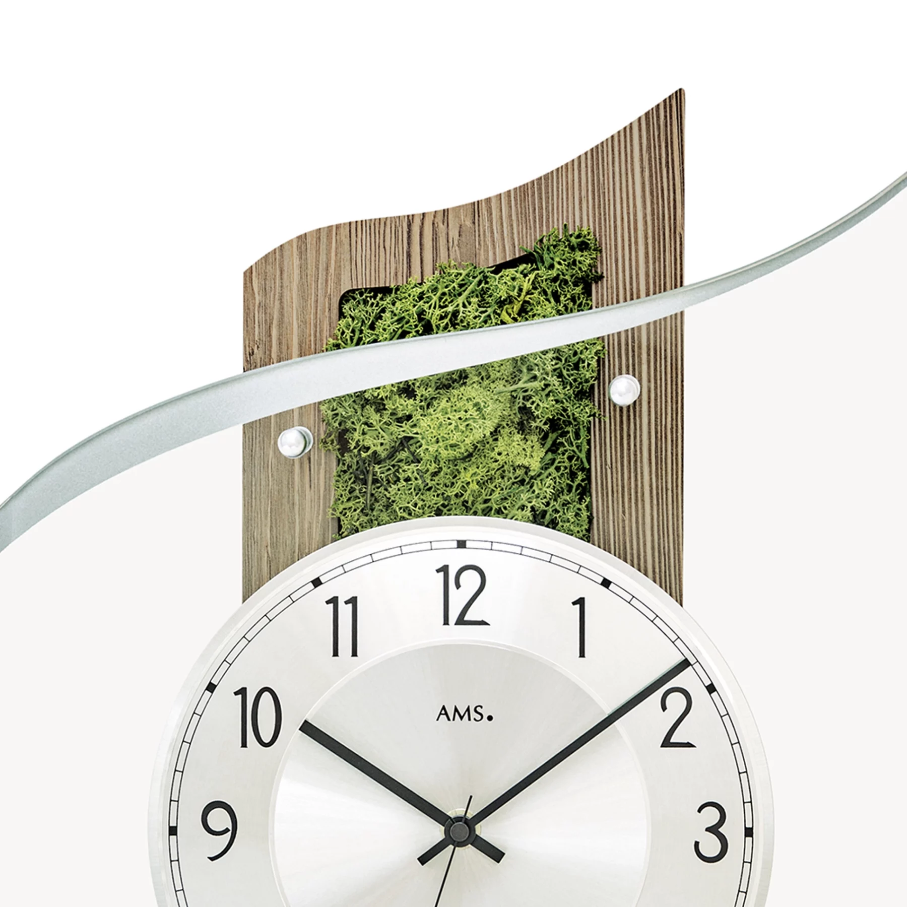 Moderne Wanduhr mit Holz und Moos