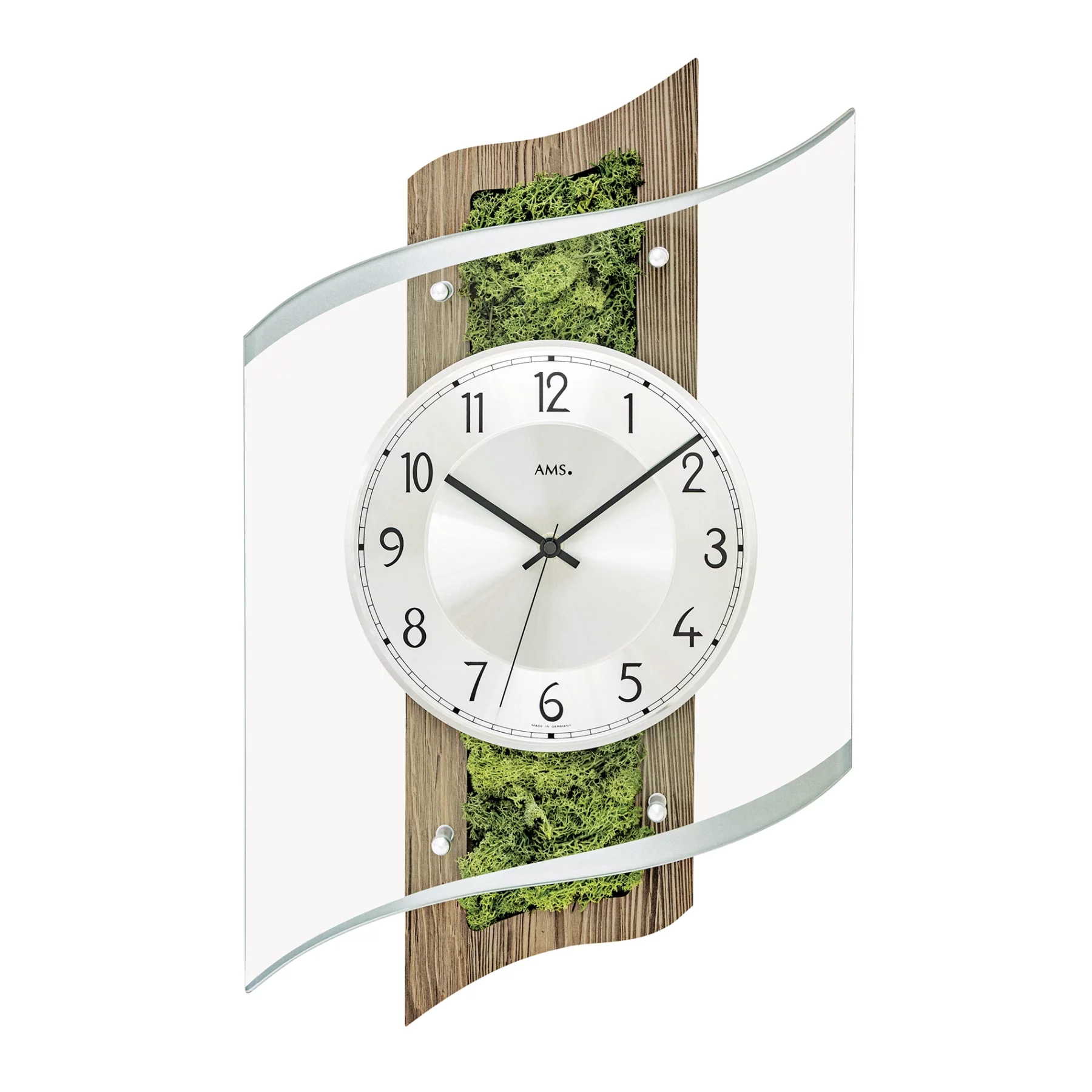 Moderne Wanduhr mit Holz und Moos, gebogenes Glasdesign