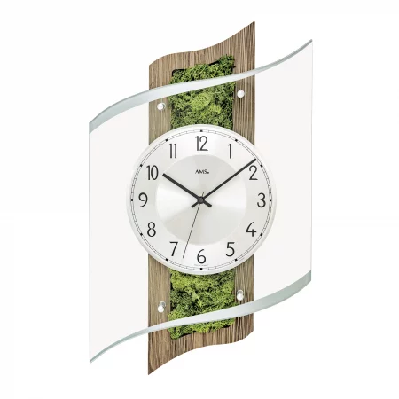 Moderne Wanduhr mit Holz und Moos, gebogenes Glasdesign
