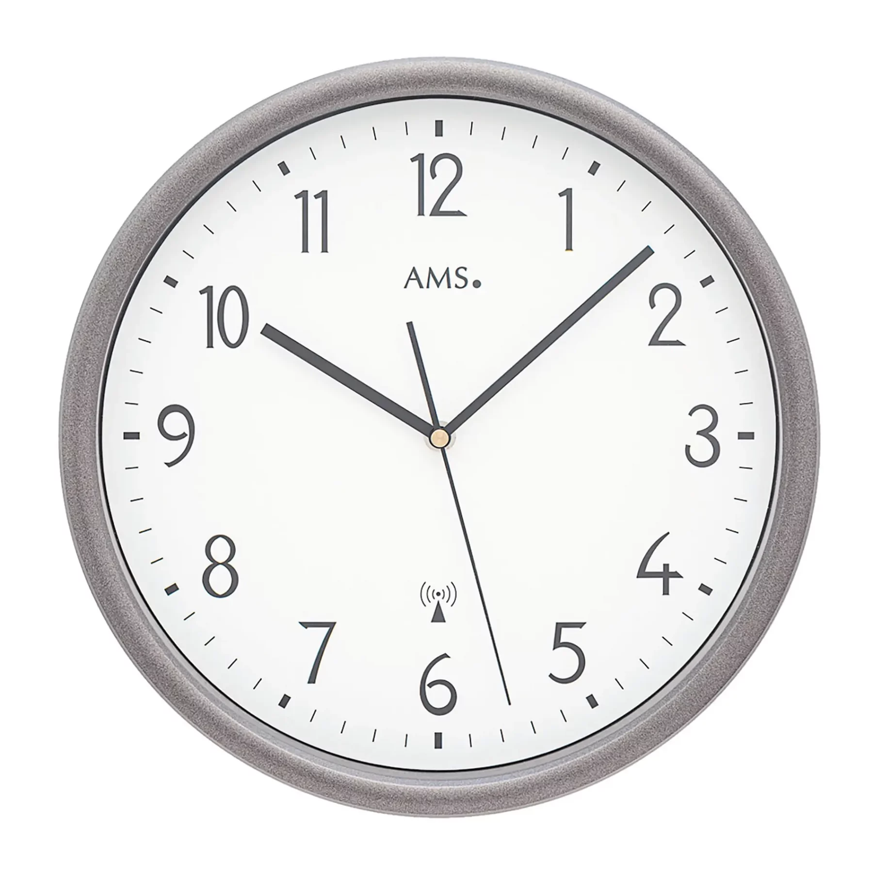 Runde analoge Wanduhr mit grauem Rahmen und weißen Zifferblatt