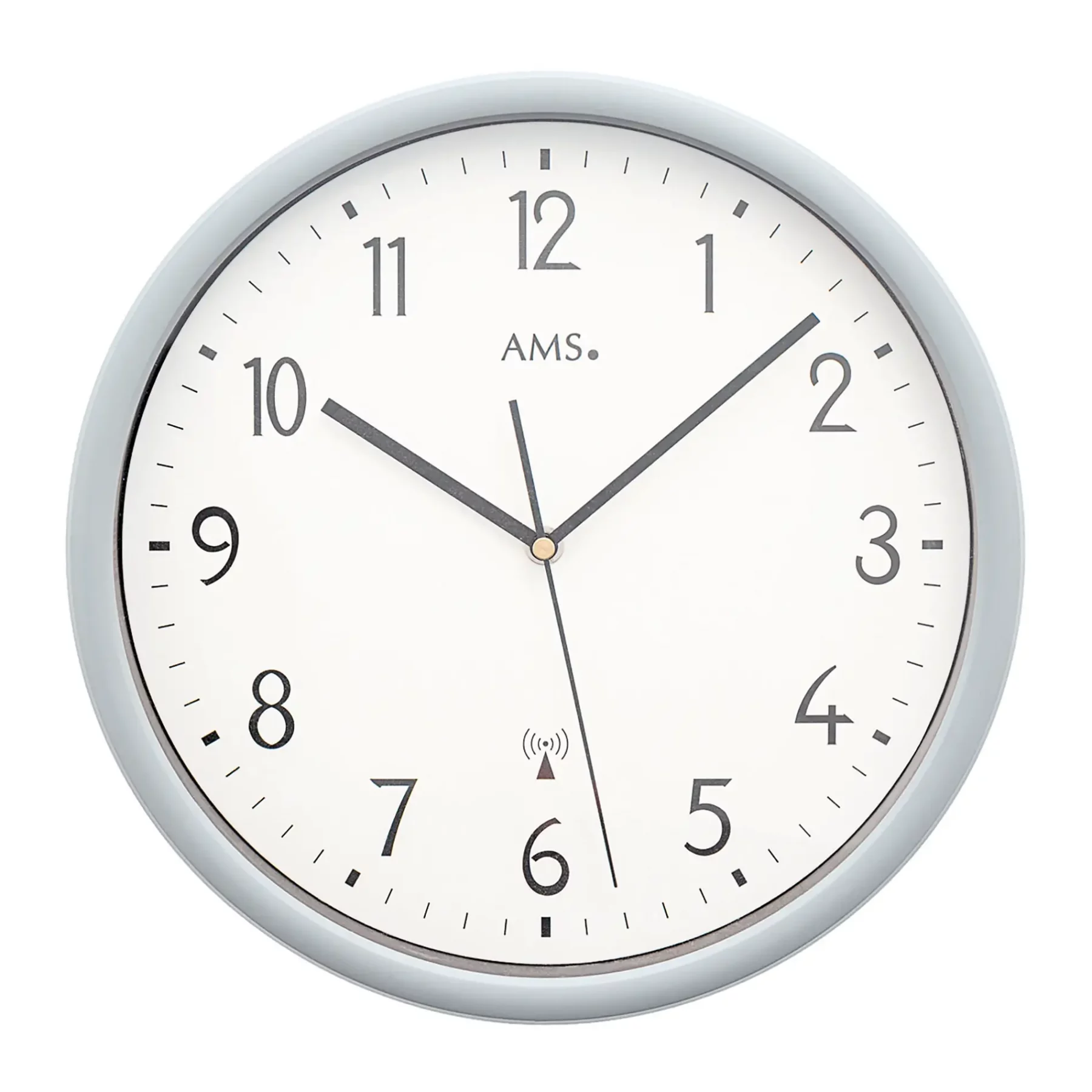Runde analoge Wanduhr mit grauem Rahmen und schwarzen Ziffern