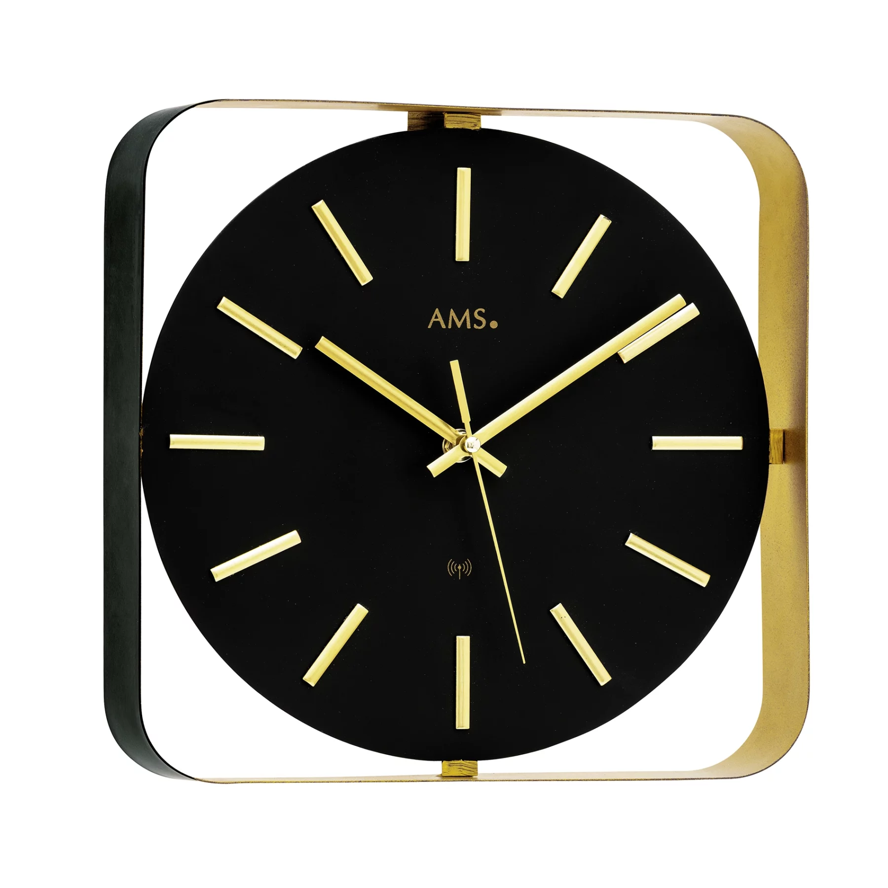 Moderne schwarze Wanduhr mit goldenen Zeigern und quadratischem Rahmen