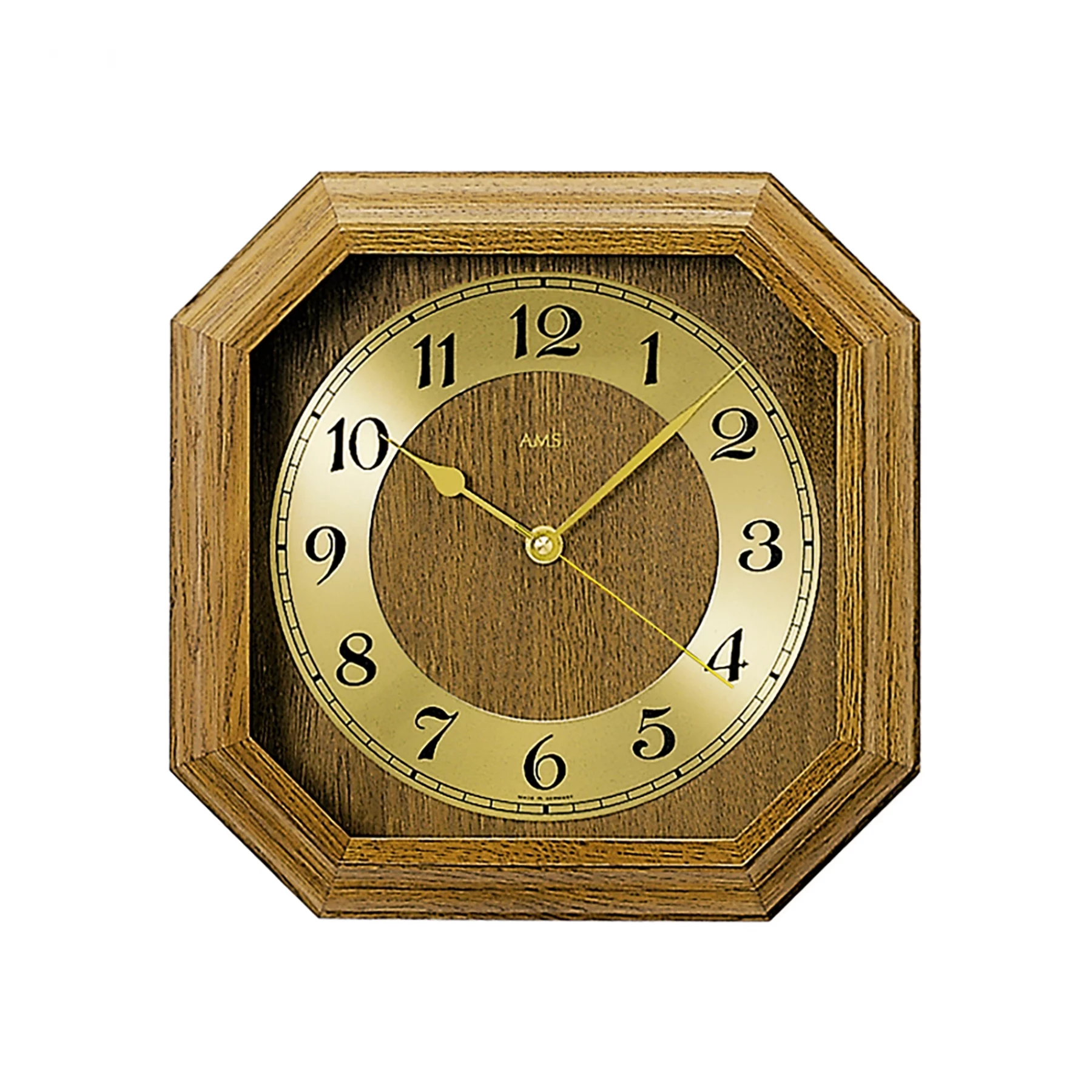 Oktogonale Wanduhr mit Holzrahmen und goldener Uhranzeige