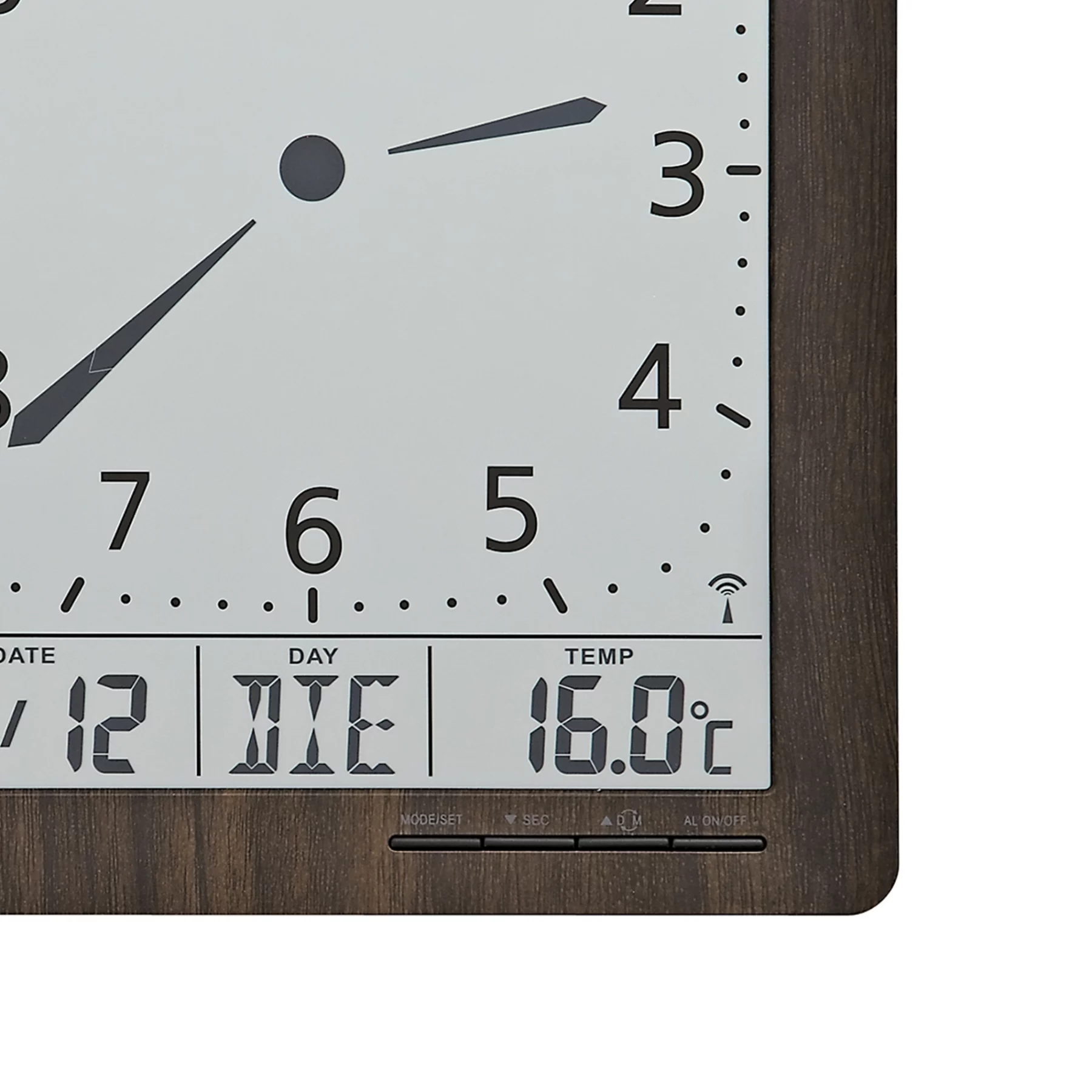 Analoge Wanduhr mit digitaler Temperaturanzeige und Holzrahmen