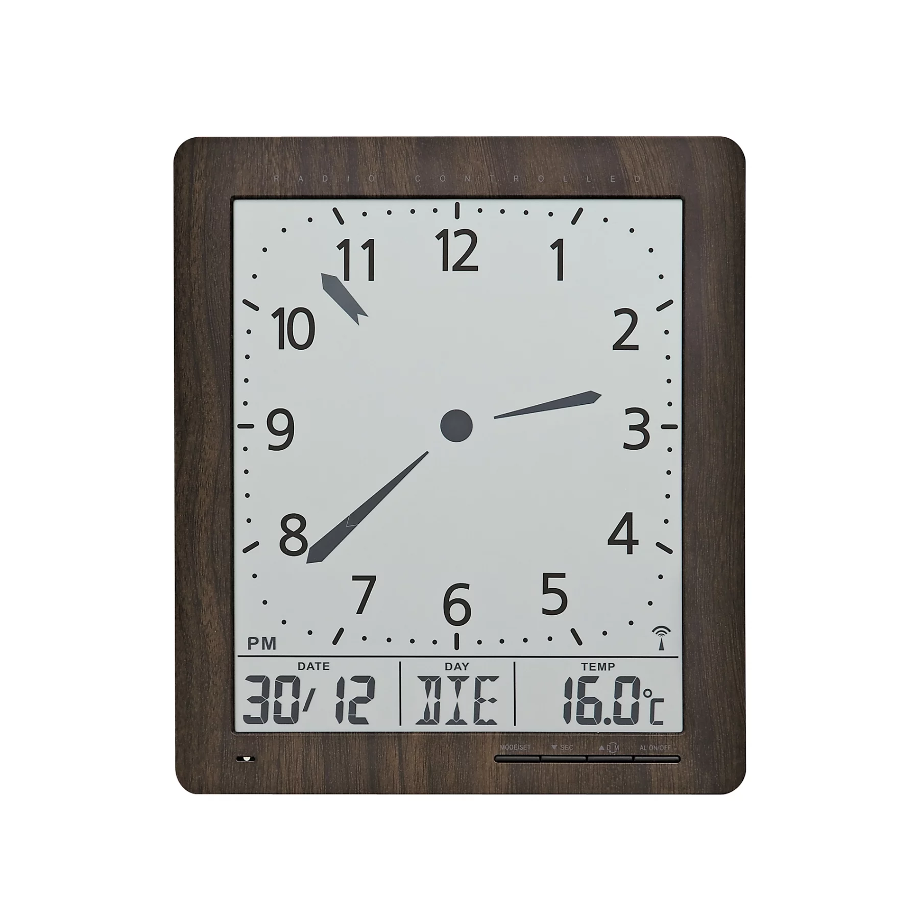 Holzwanduhr mit digitalem Datum und Temperaturanzeige