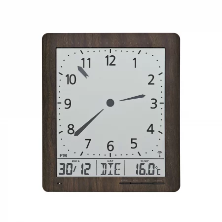 Holzwanduhr mit digitalem Datum und Temperaturanzeige