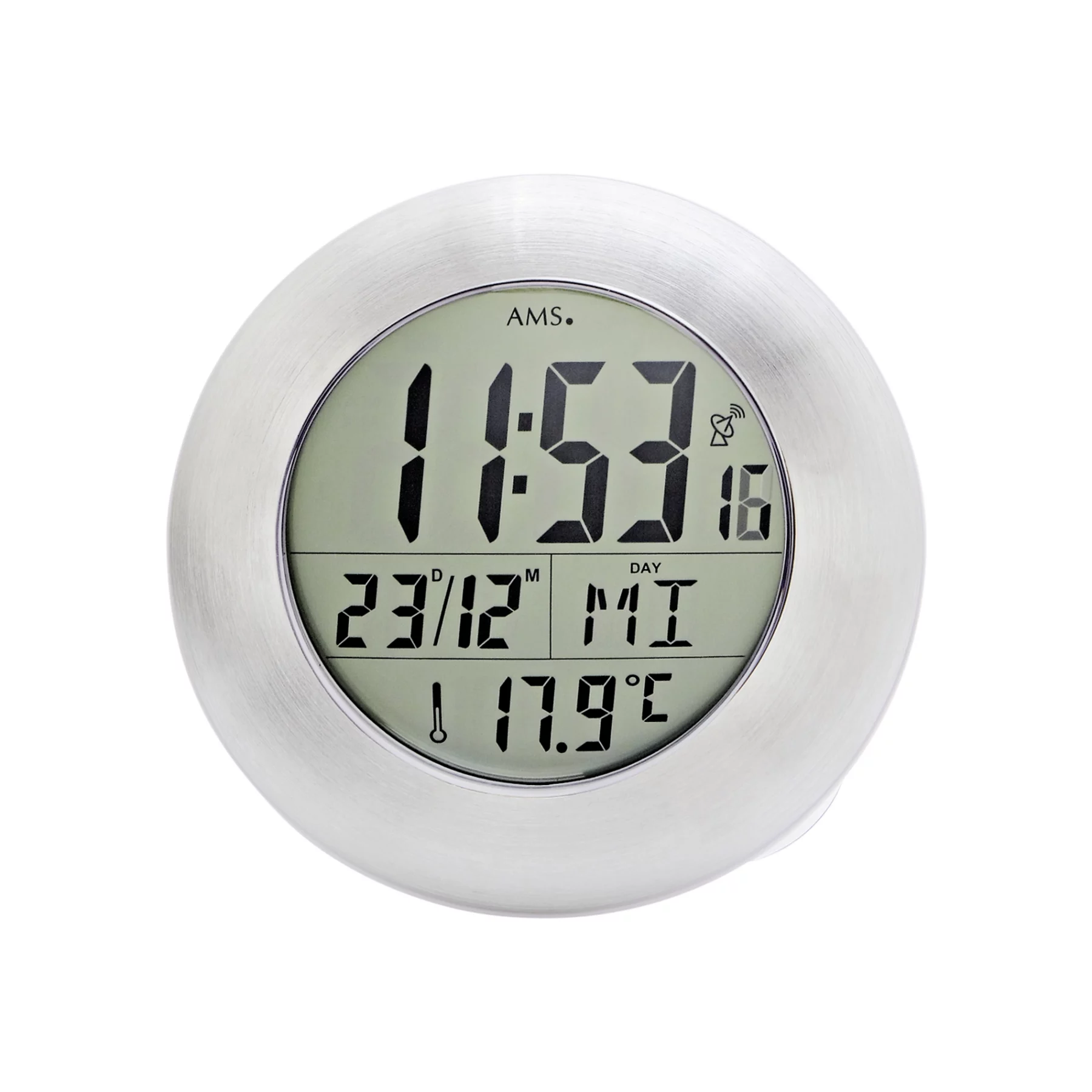 Runde digitale Wanduhr zeigt Uhrzeit Datum Temperatur