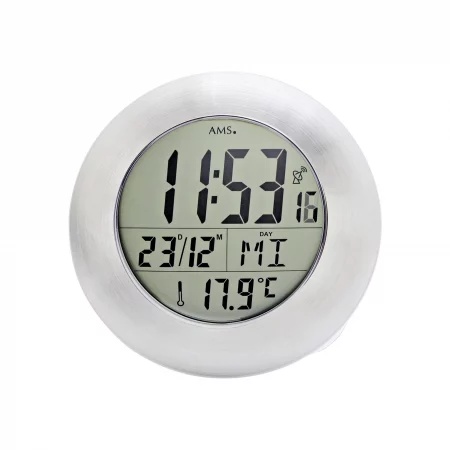 Runde digitale Wanduhr zeigt Uhrzeit Datum Temperatur