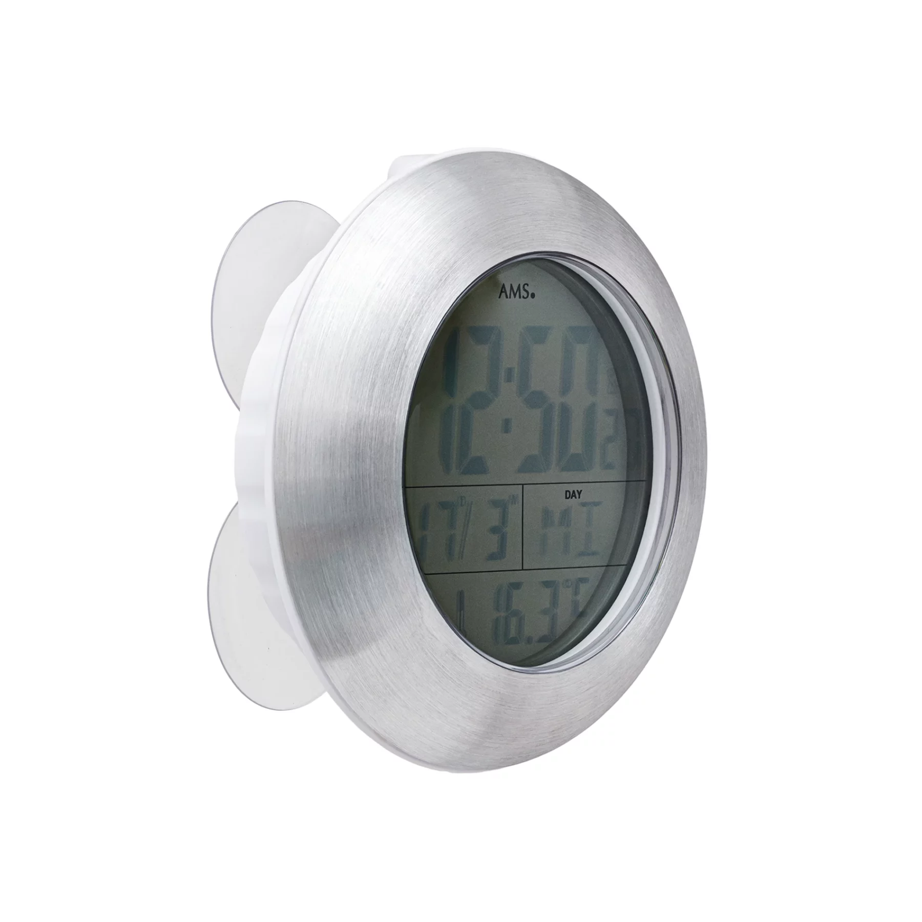 Runde silberne Wanduhr mit digitaler Anzeige und Saugnäpfen