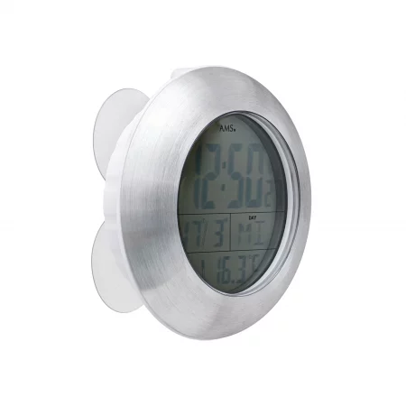 Runde silberne Wanduhr mit digitaler Anzeige und Saugnäpfen