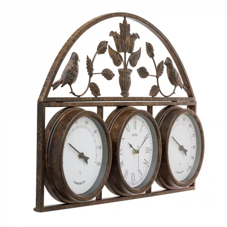 Rustikale Wetterstation mit Thermometer, Barometer und Hygrometer im Metallrahmen