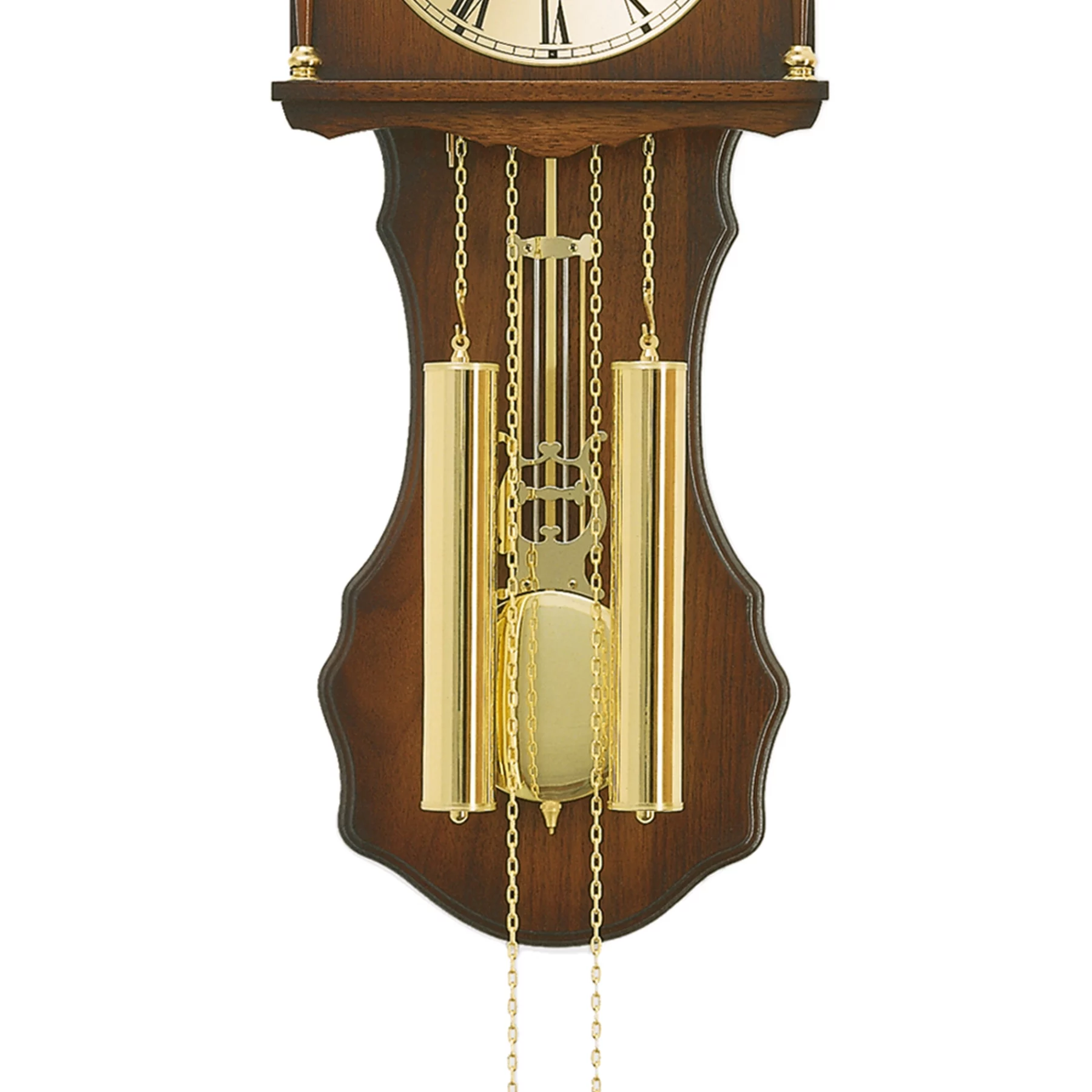 Pendeluhr mit Holzgehäuse und goldenen Gewichten