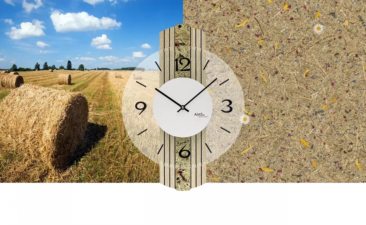 Uhr mit Getreidefeld und Heuballen, texturierte Ziffernblatt-Hintergrund