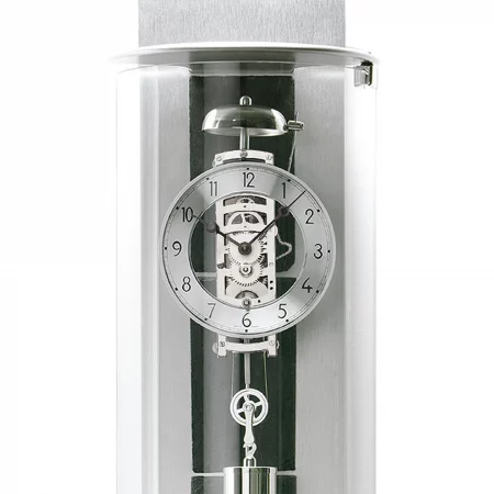 Transparente Standuhr mit sichtbarem Uhrwerk und Glocke