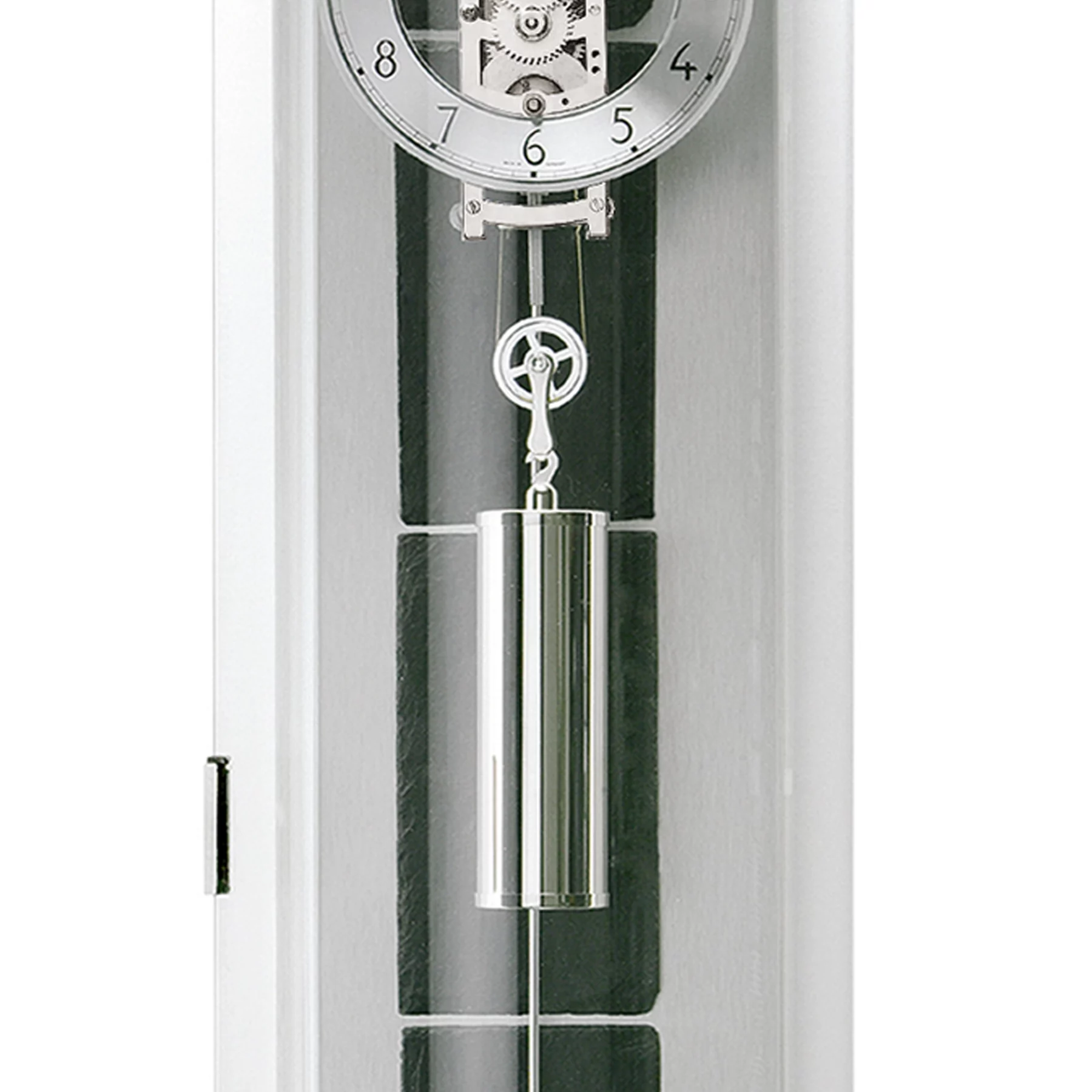 Moderne Pendeluhr mit silbernem Zifferblatt und Gewichten