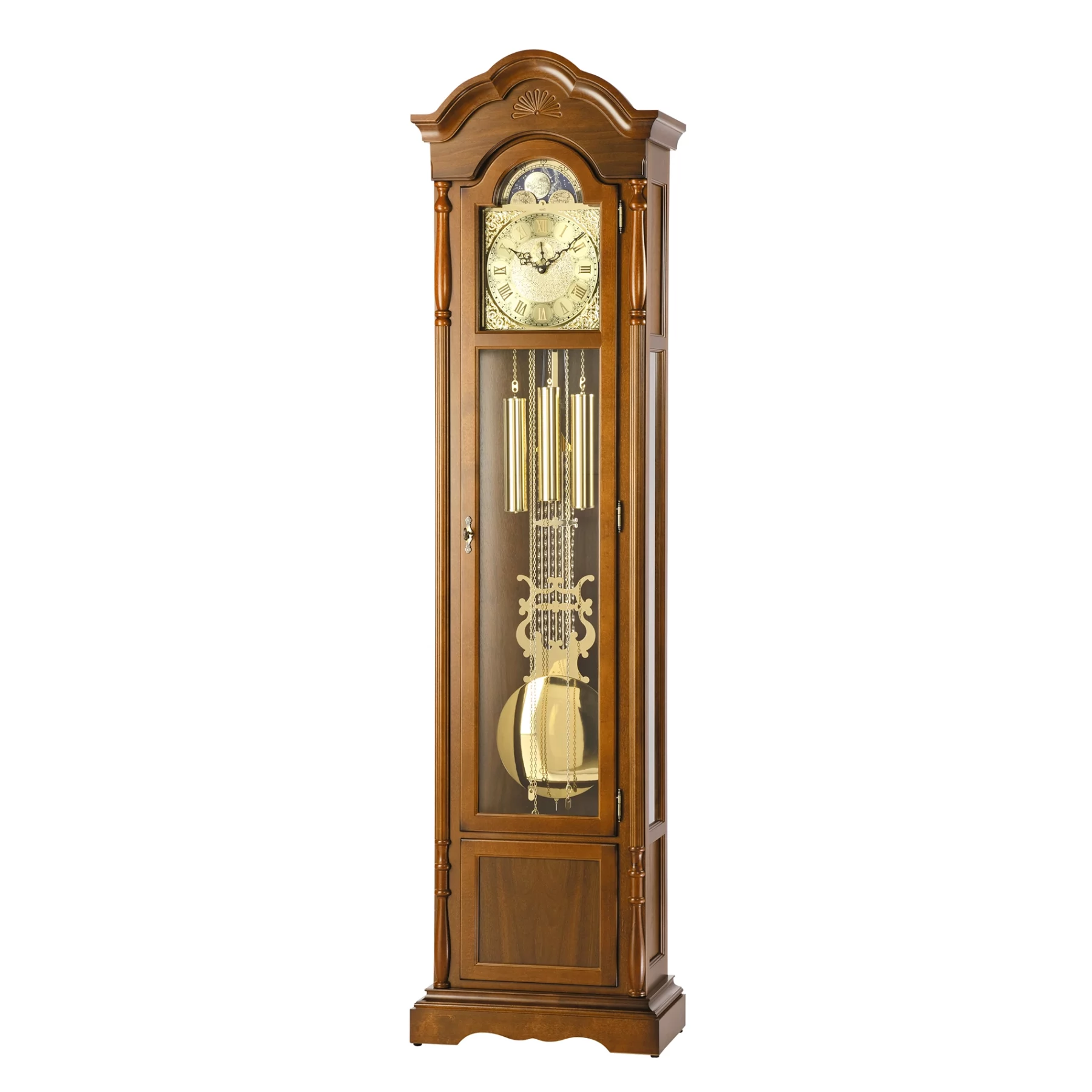 Standuhr aus Holz mit Pendel und Messingdetails