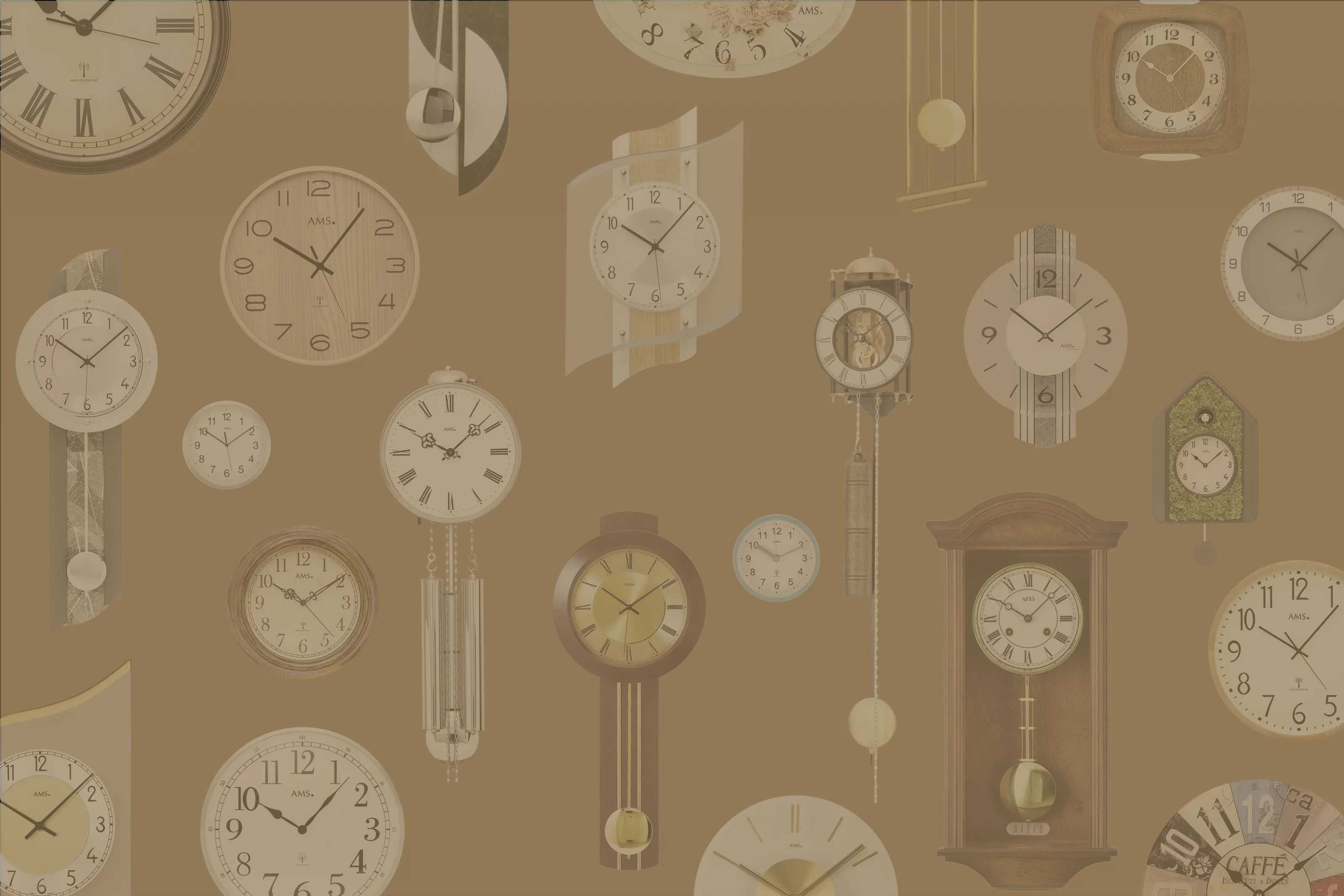 Kollage von verschiedenen antiken Wanduhren und Taschenuhren auf braunem Hintergrund
