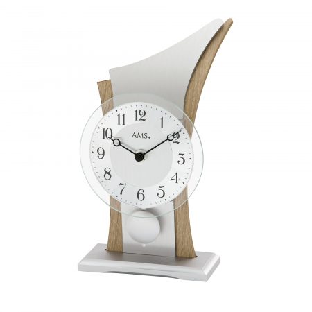 Moderne Tischuhr aus Holz und Metall mit klarer Glasfront