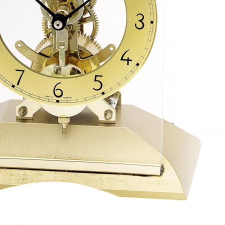 Präzisions Tischuhr, goldener Rahmen, sichtbares Uhrwerk, römische Ziffern