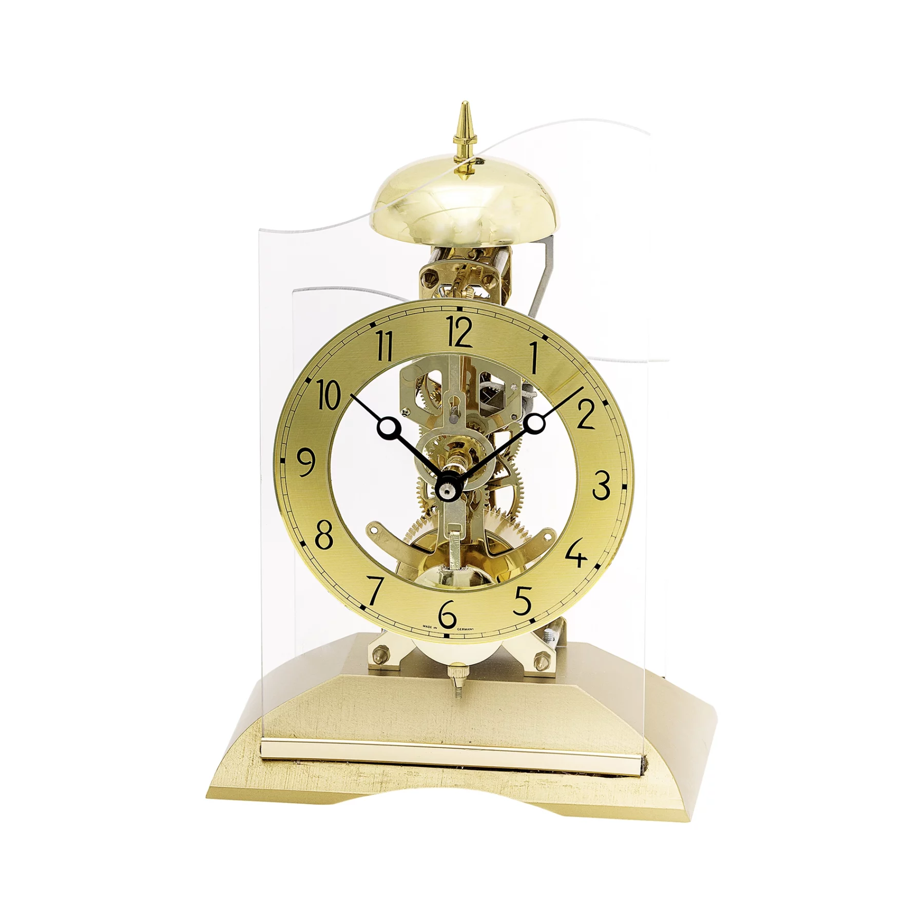 Goldene Skelett-Kaminuhr mit sichtbarem Uhrwerk