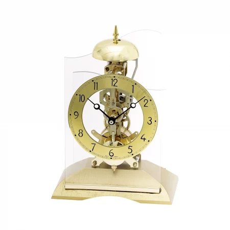 Goldene Skelett-Kaminuhr mit sichtbarem Uhrwerk