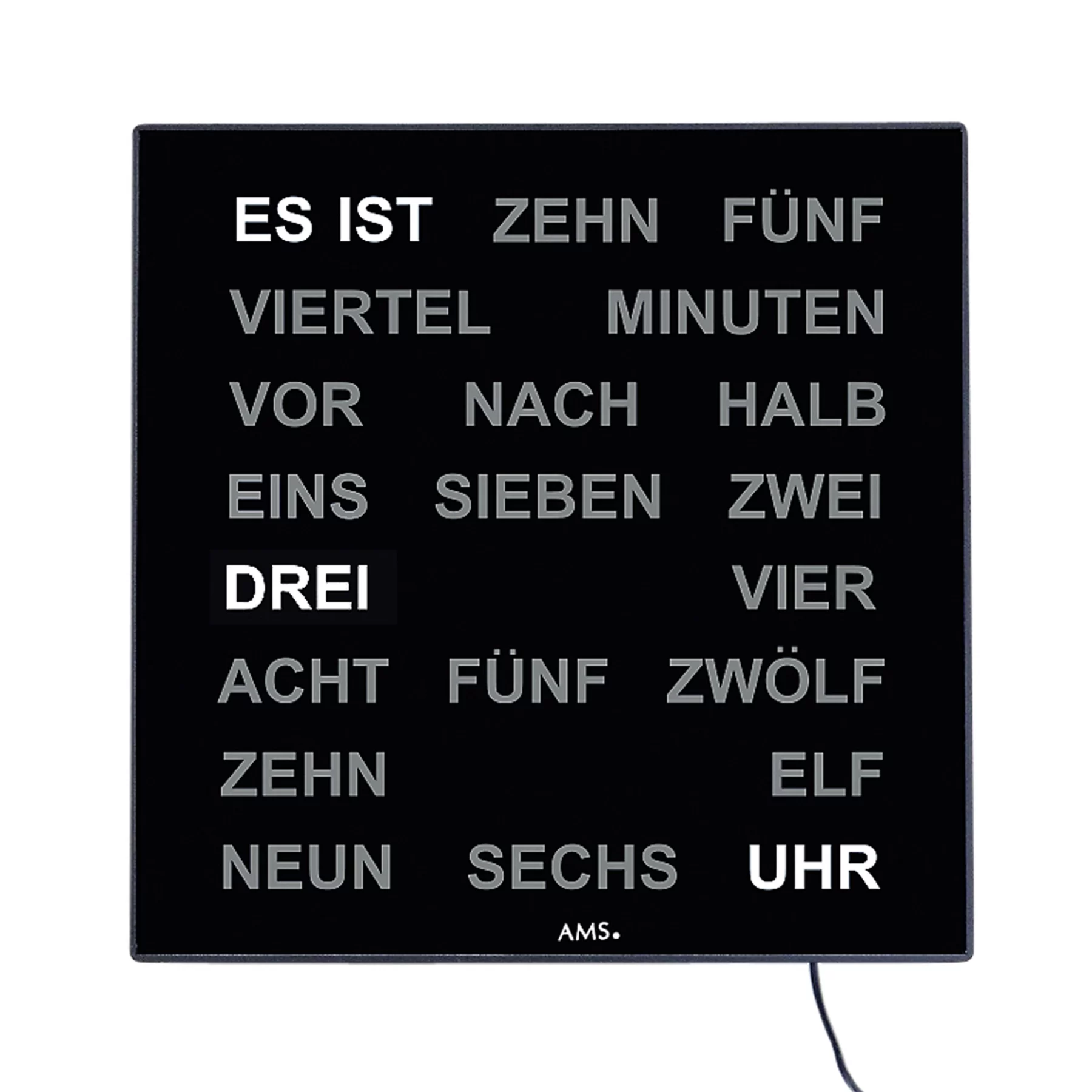 Schwarze Wortuhr mit deutschen Zeitanzeigen