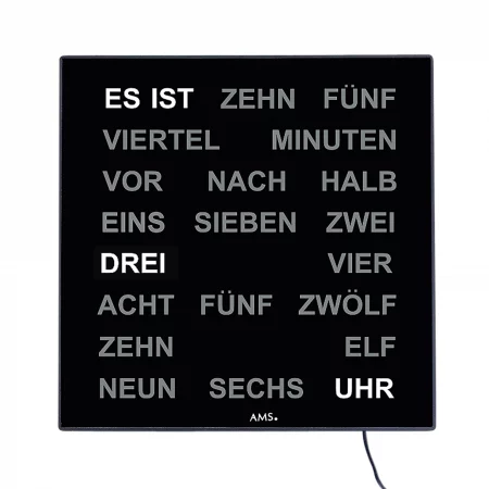 Schwarze Wortuhr mit deutschen Zeitanzeigen