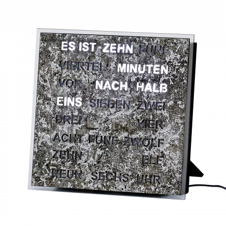 Moderne Designer-Uhr mit LED-Wortanzeige auf Metallhintergrund