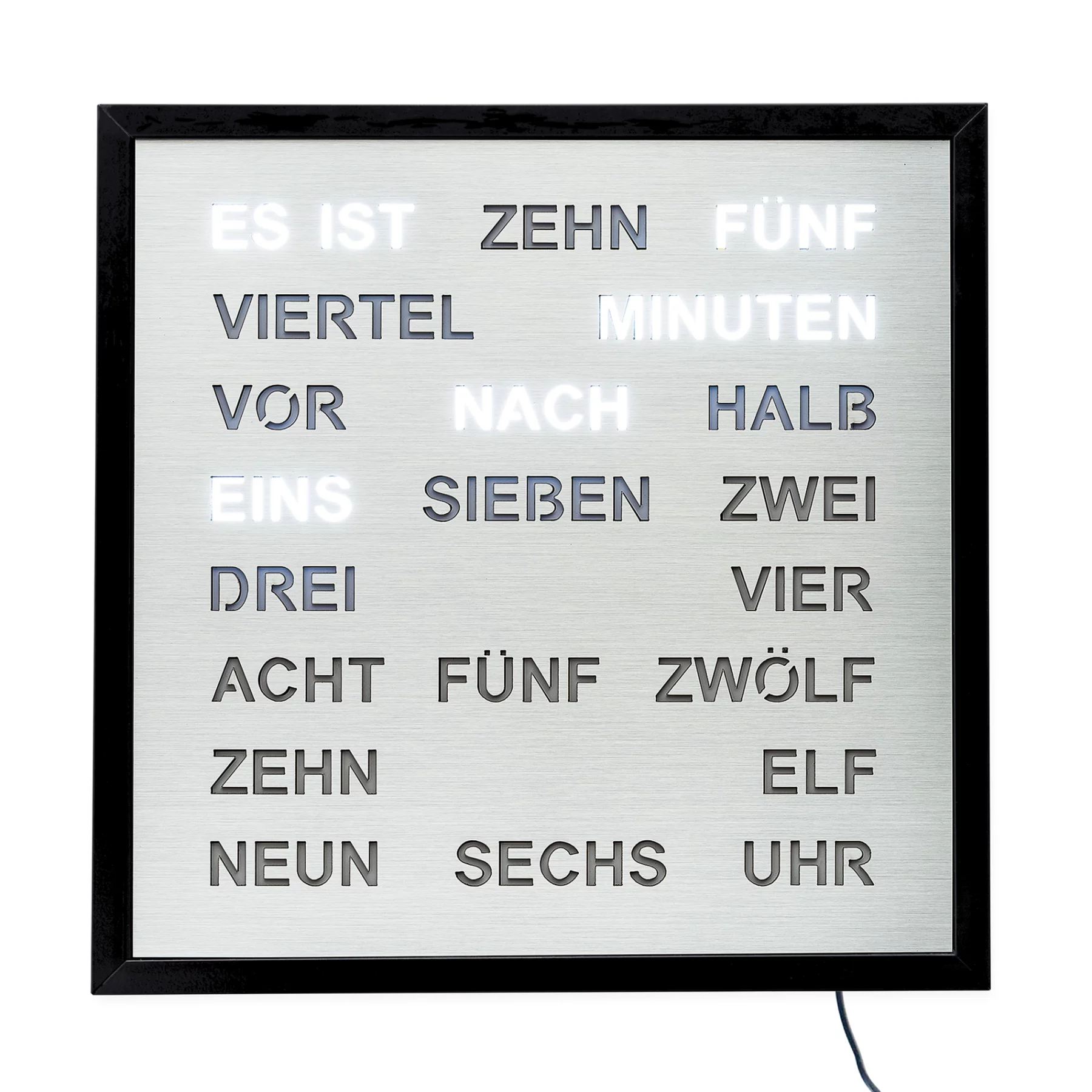 Quadratische Uhr mit beleuchteten Wortzeitangaben