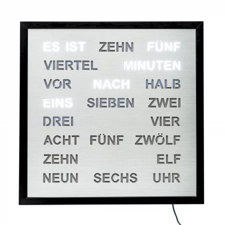 Quadratische Uhr mit beleuchteten Wortzeitangaben