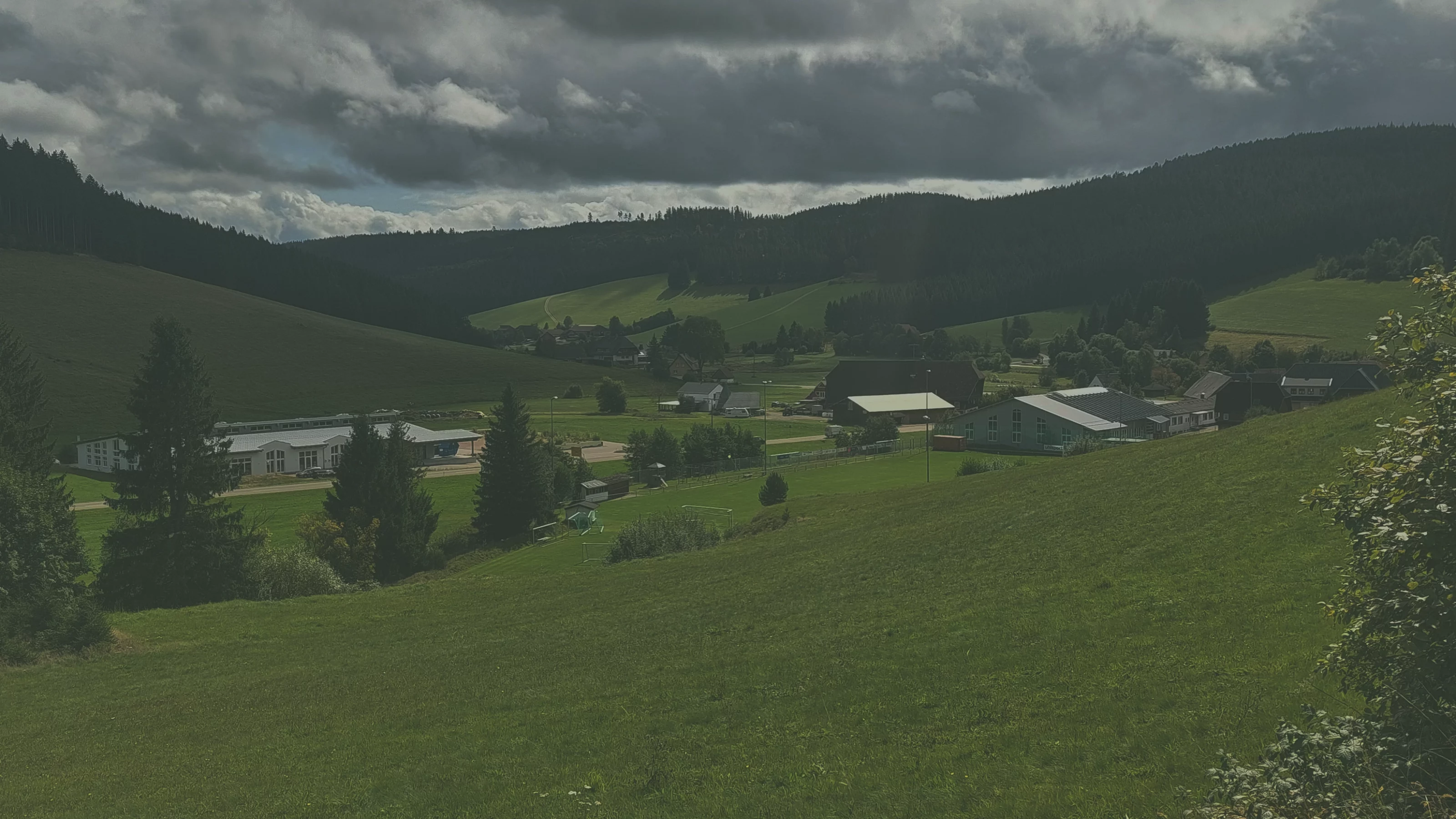 Grünes Tal mit Bauernhöfen in bergiger Landschaft unter bewölktem Himmel