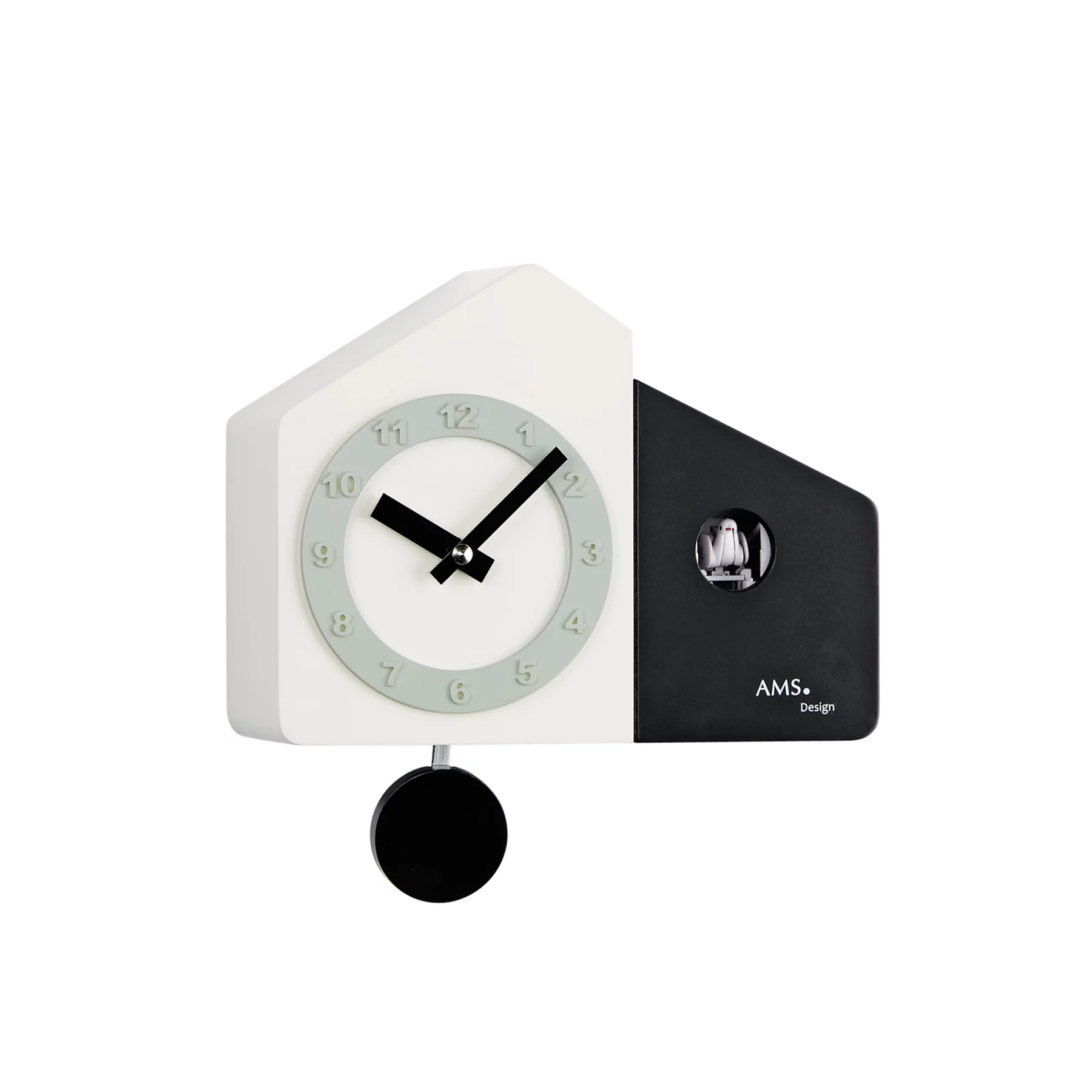 Moderne Kuckucksuhr mit Pendel in Schwarz und Weiß