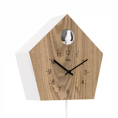 Moderne Wanduhr aus Holz mit Kuckuck und minimalistischen Ziffern