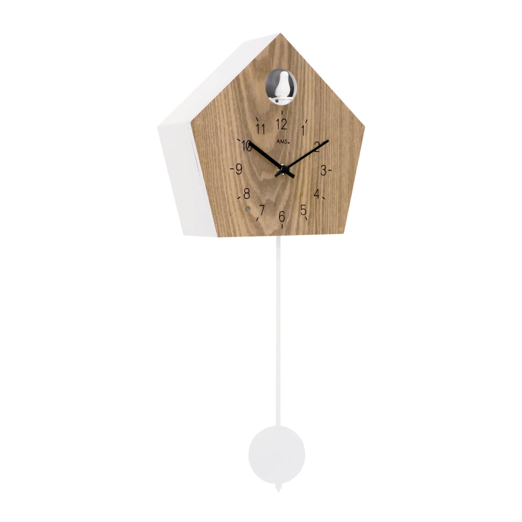 Moderne Kuckucksuhr mit Pendel und Holzzifferblatt