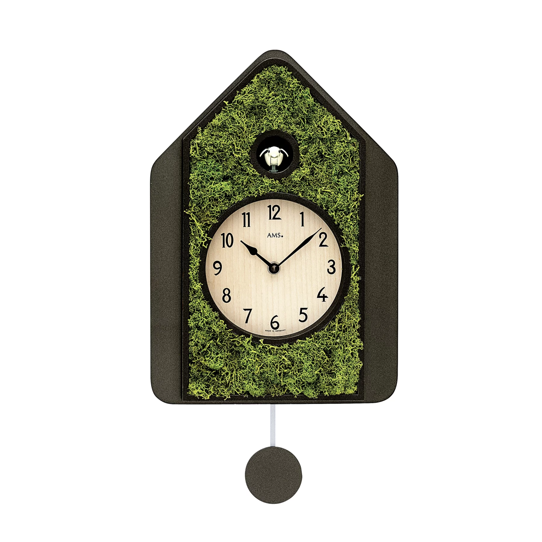 Moderne Kuckucksuhr mit Moosverzierung und Pendel, minimalistisches Design