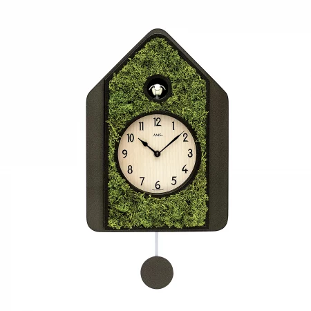 Moderne Kuckucksuhr mit Moosverzierung und Pendel, minimalistisches Design