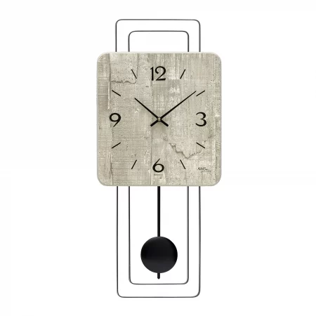 Moderne Wanduhr mit Pendel aus Holz und Metall in rechteckiger Form