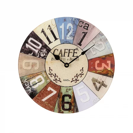 Bunte Vintage-Wanduhr mit römischen Zahlen und Kaffeemotiv