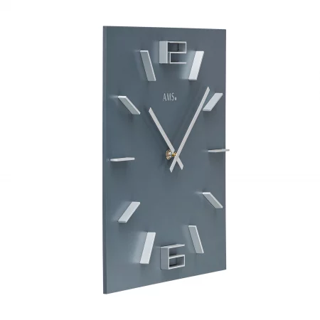 Moderne rechteckige Wanduhr mit silbernen Akzenten auf grauem Hintergrund