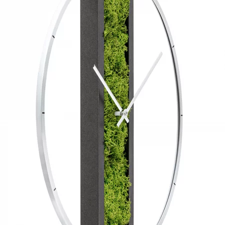 Moderne Wanduhr mit Moos und schwarzem Rahmen