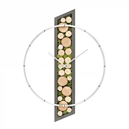 Moderne Wanduhr mit Holzelementen und Metallrahmen