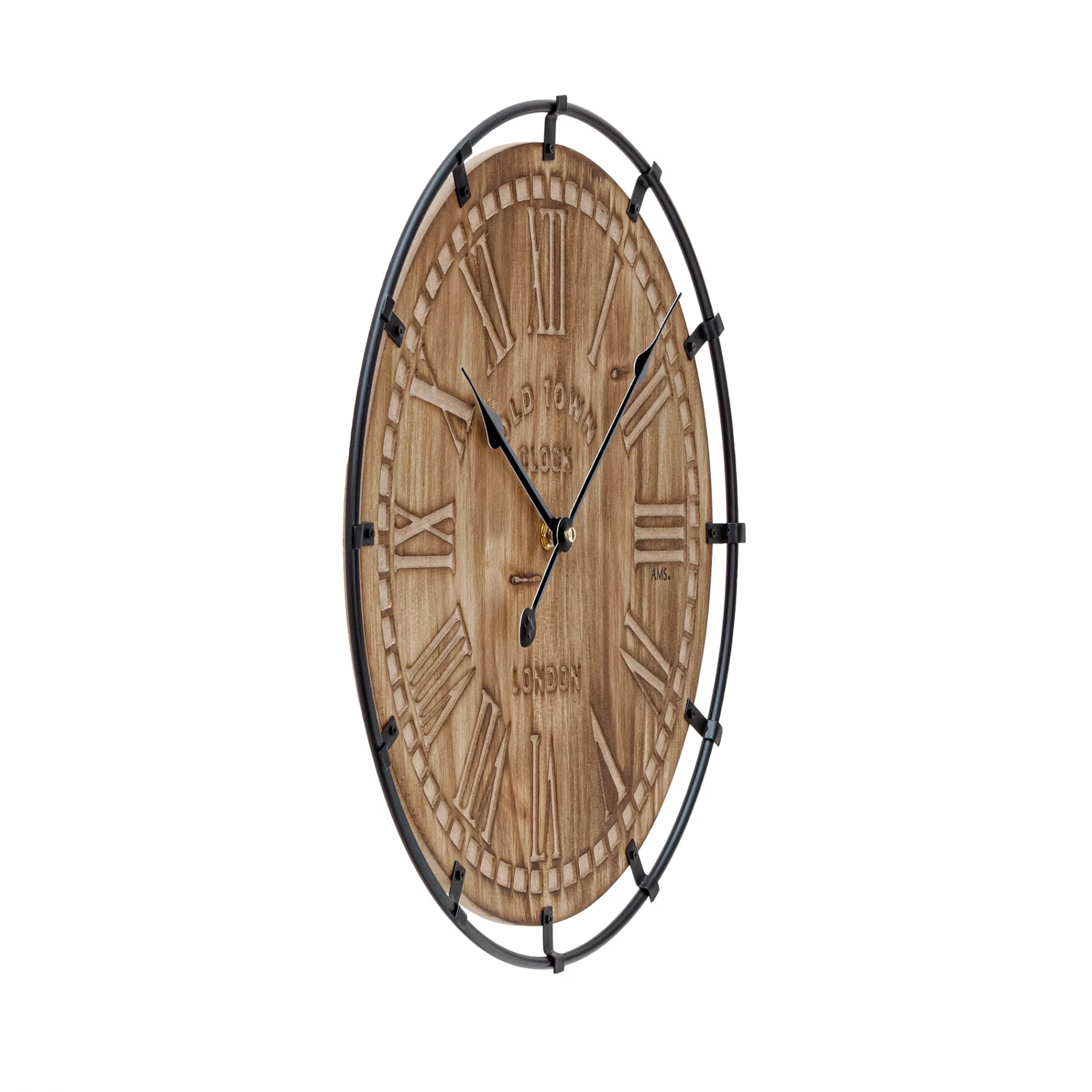 Antike runde Wanduhr mit römischen Ziffern und Holzoptik