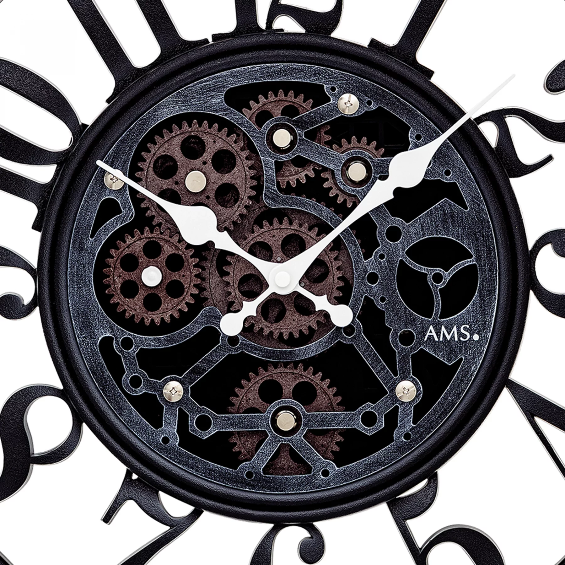 Schwarze Uhr mit sichtbarem Zahnradmechanismus