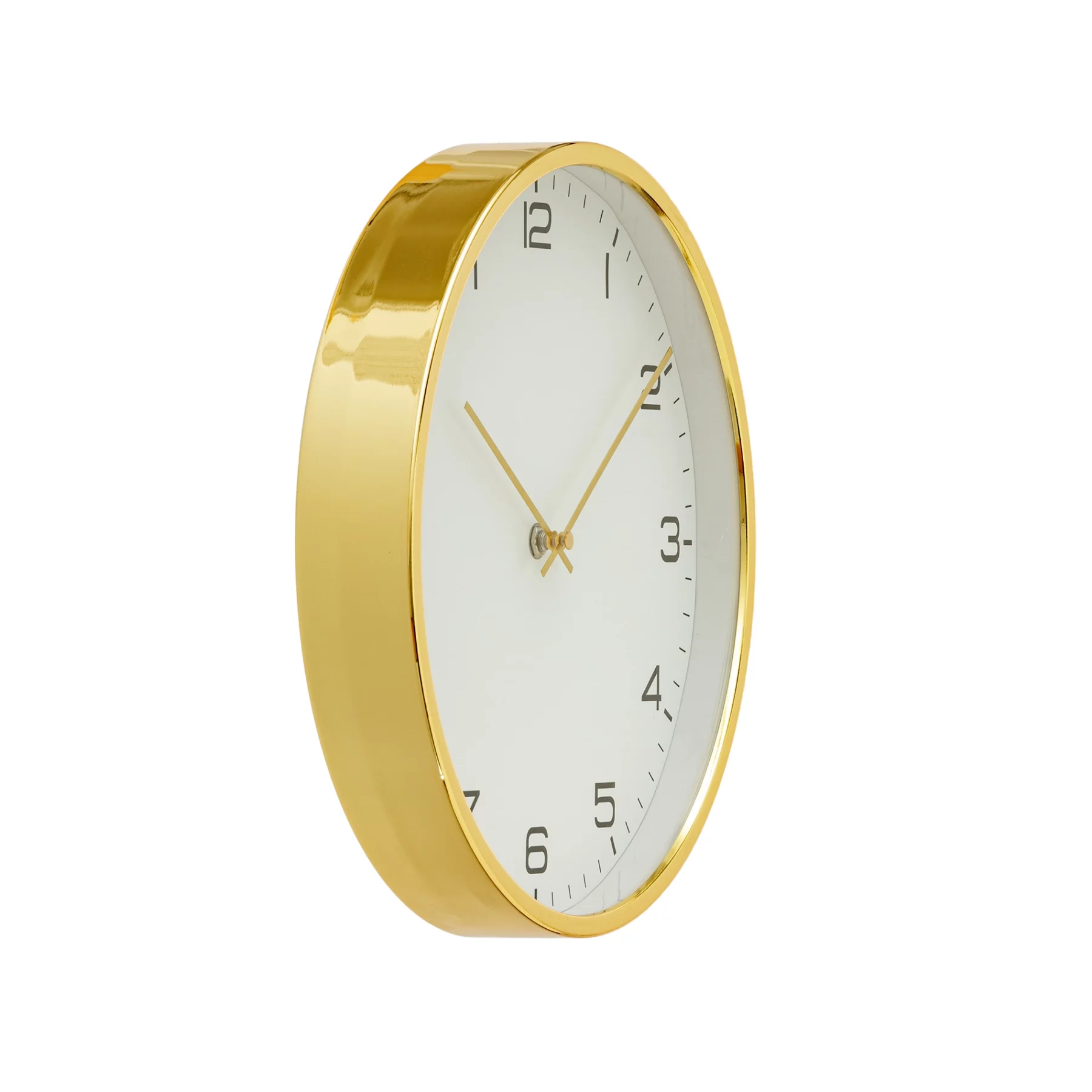 Goldene Wanduhr mit weißem Zifferblatt und schwarzen Zahlen